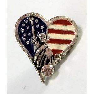 NR Silver Tone Heart Lapel/Tack Pin Enamel American Flag Liberty Rhinestone Patr